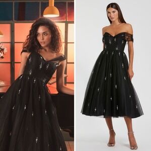 Mac Duggal‎ Off The Shoulder Black Pearl Embellished Tulle Cocktail Dress Size 2